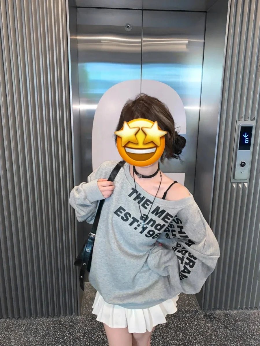 Oblique Shoulder Printed Loose - fit Long - sleeved Hoodie Long Sleeve Base Shirt - Zeprah