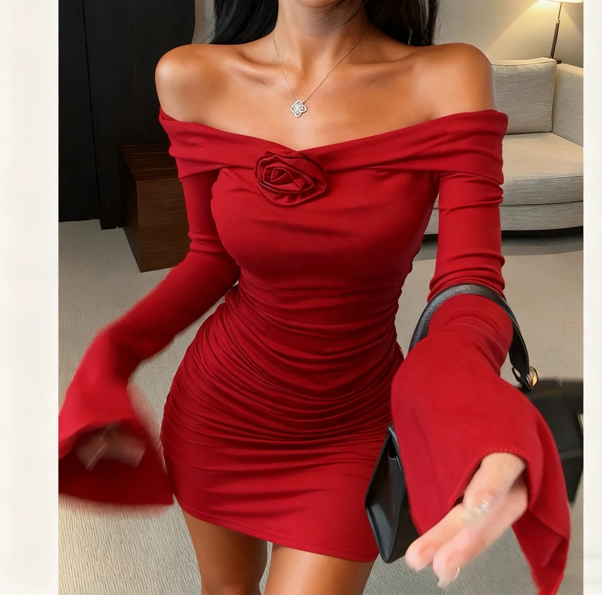 Off - shoulder Long - sleeve Dress Women's Three - dimensional Flower Hot Girl Close - fitting Waist Slimming A - Line Dress - Zeprah