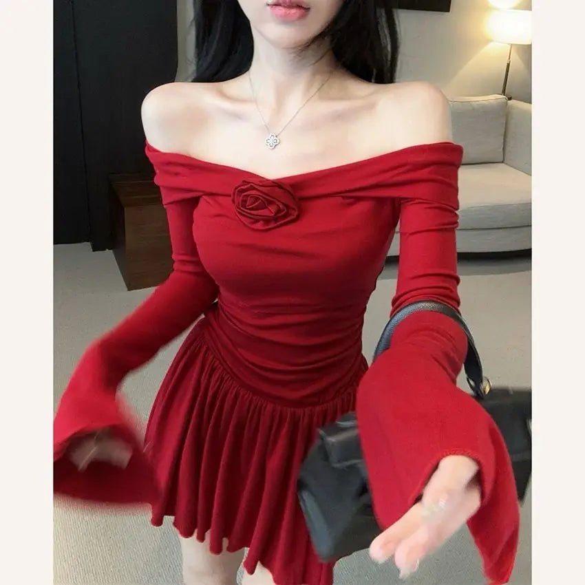 Off - shoulder Long - sleeve Dress Women's Three - dimensional Flower Hot Girl Close - fitting Waist Slimming A - Line Dress - Zeprah