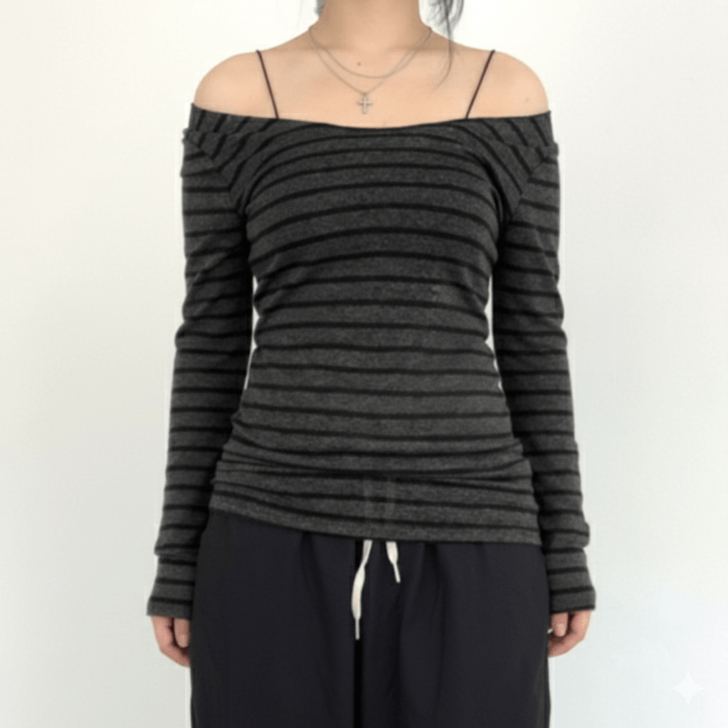 Off - Shoulder Ribbed Long Sleeve Striped Top - Zeprah