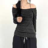 Off - Shoulder Ribbed Long Sleeve Striped Top - Zeprah