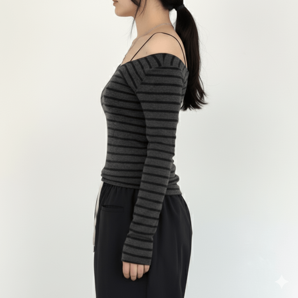 Off - Shoulder Ribbed Long Sleeve Striped Top - Zeprah