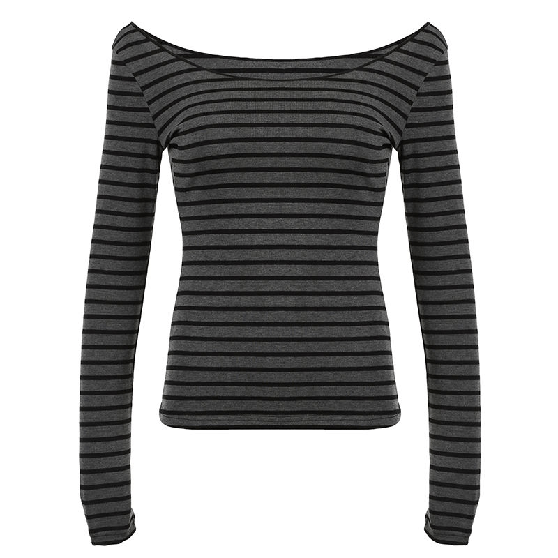 Off - Shoulder Ribbed Long Sleeve Striped Top - Zeprah