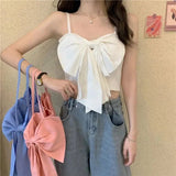 Offline Hot Factory Direct Wholesale Sexy Big Bow Vest Summer Strip Girl All - match Knitted Soft Camisole Tank Crop Top - Zeprah