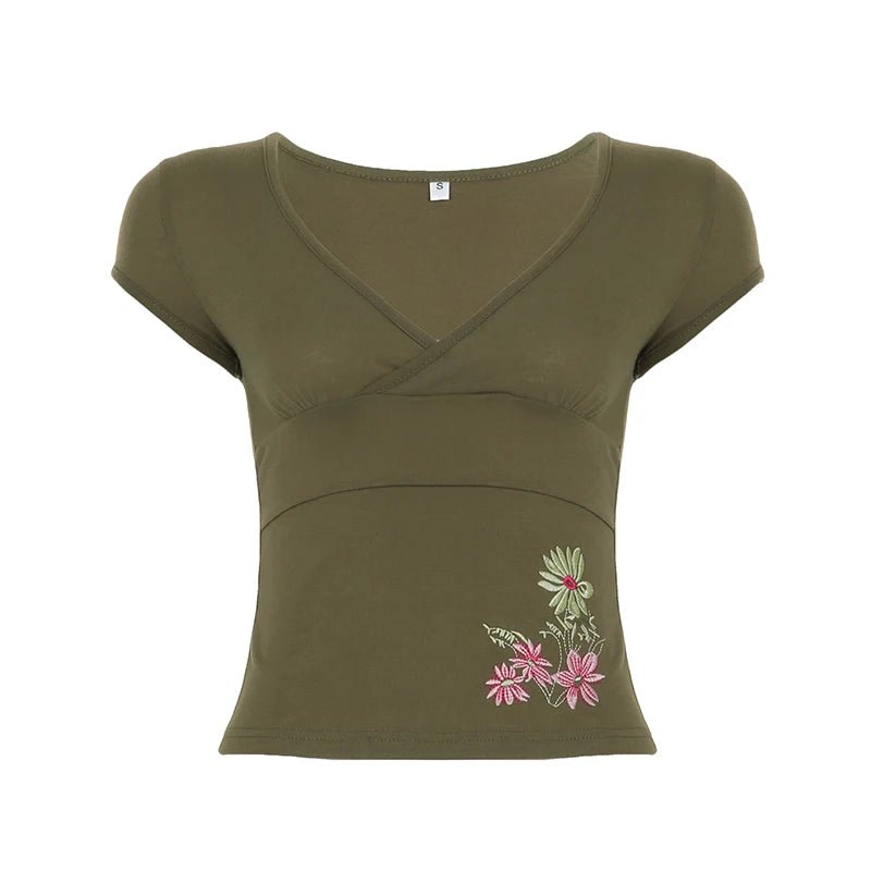 Olive Green Vintage Embroidered Floral Eco - Friendly Anti - UV Breathable Top Cross V - Neck Short Sleeve T-Shirt Slim - Zeprah