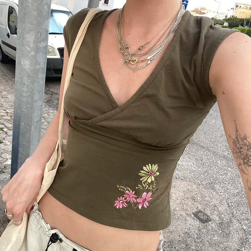 Olive Green Vintage Embroidered Floral Eco - Friendly Anti - UV Breathable Top Cross V - Neck Short Sleeve T-Shirt Slim - Zeprah