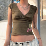 Olive Green Vintage Embroidered Floral Eco - Friendly Anti - UV Breathable Top Cross V - Neck Short Sleeve T-Shirt Slim - Zeprah