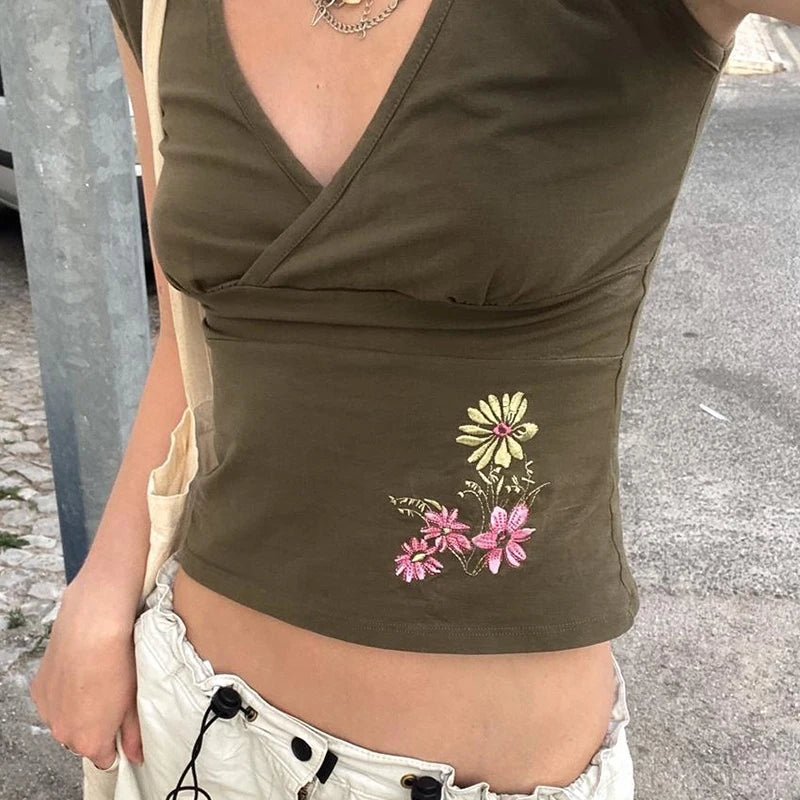 Olive Green Vintage Embroidered Floral Eco - Friendly Anti - UV Breathable Top Cross V - Neck Short Sleeve T-Shirt Slim - Zeprah