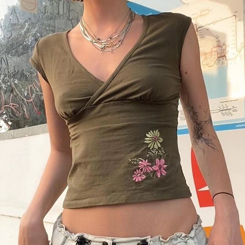 Olive Green Vintage Embroidered Floral Eco - Friendly Anti - UV Breathable Top Cross V - Neck Short Sleeve T-Shirt Slim - Zeprah