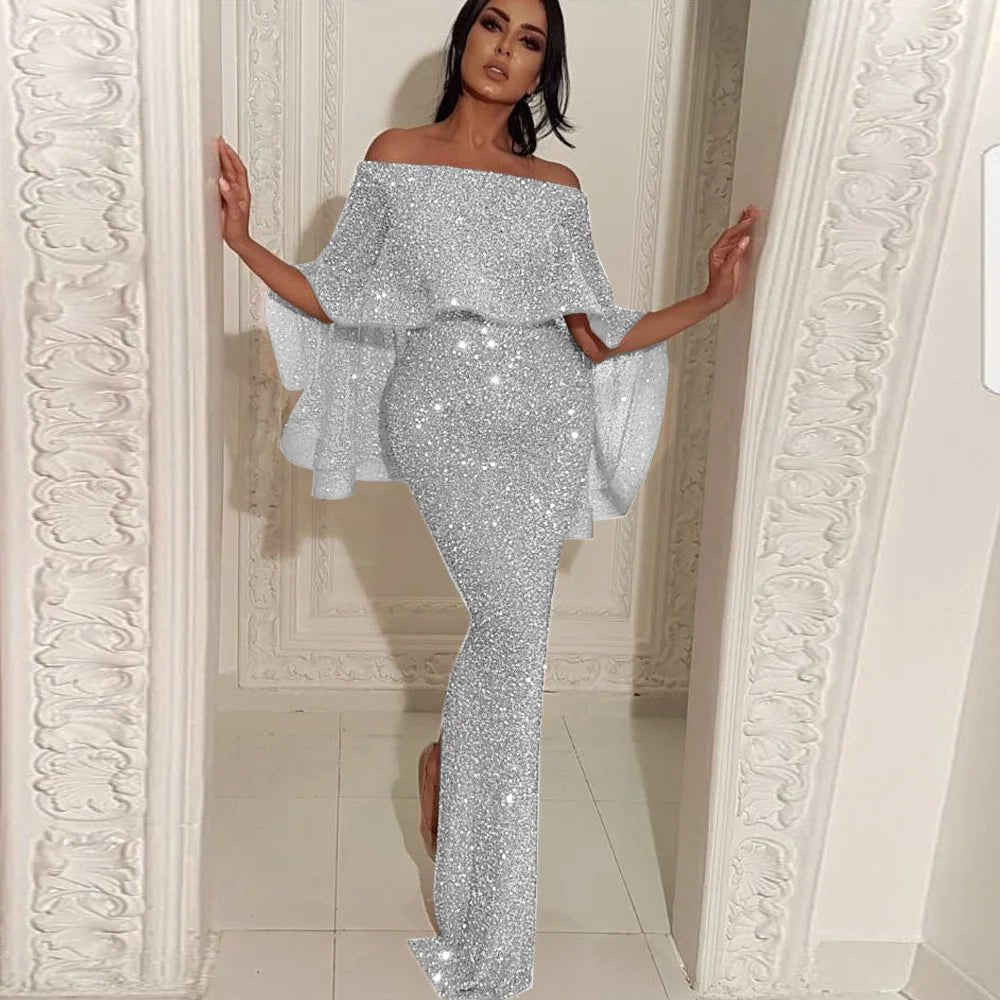 One - shoulder Dress with Glittering Embellishments Low - cut and Slit Evening Gown - Zeprah