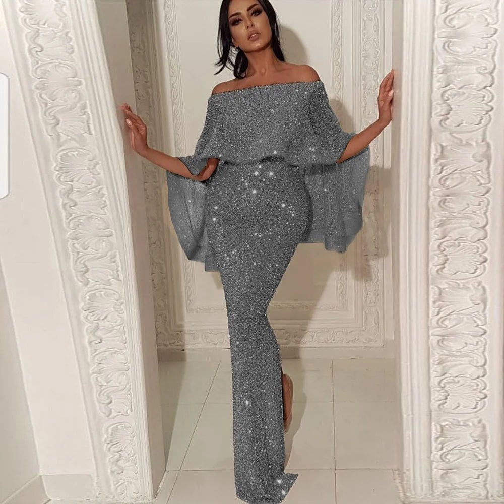 One - shoulder Dress with Glittering Embellishments Low - cut and Slit Evening Gown - Zeprah