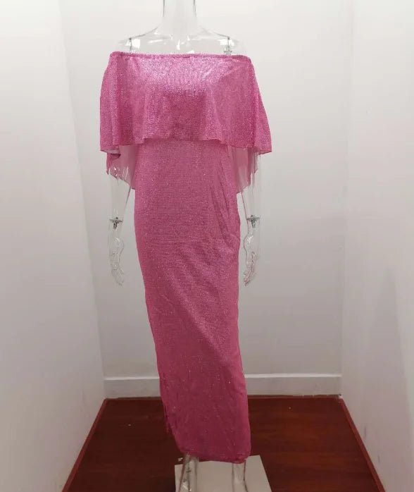 One - shoulder Dress with Glittering Embellishments Low - cut and Slit Evening Gown - Zeprah