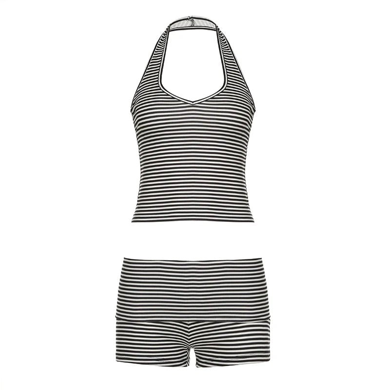 Open Back Bow Collar Skinny Casual Sports Set for Women Summer Striped 2 - Piece Outfit Breathable Shorts Crop Top - Zeprah
