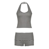 Open Back Bow Collar Skinny Casual Sports Set for Women Summer Striped 2 - Piece Outfit Breathable Shorts Crop Top - Zeprah