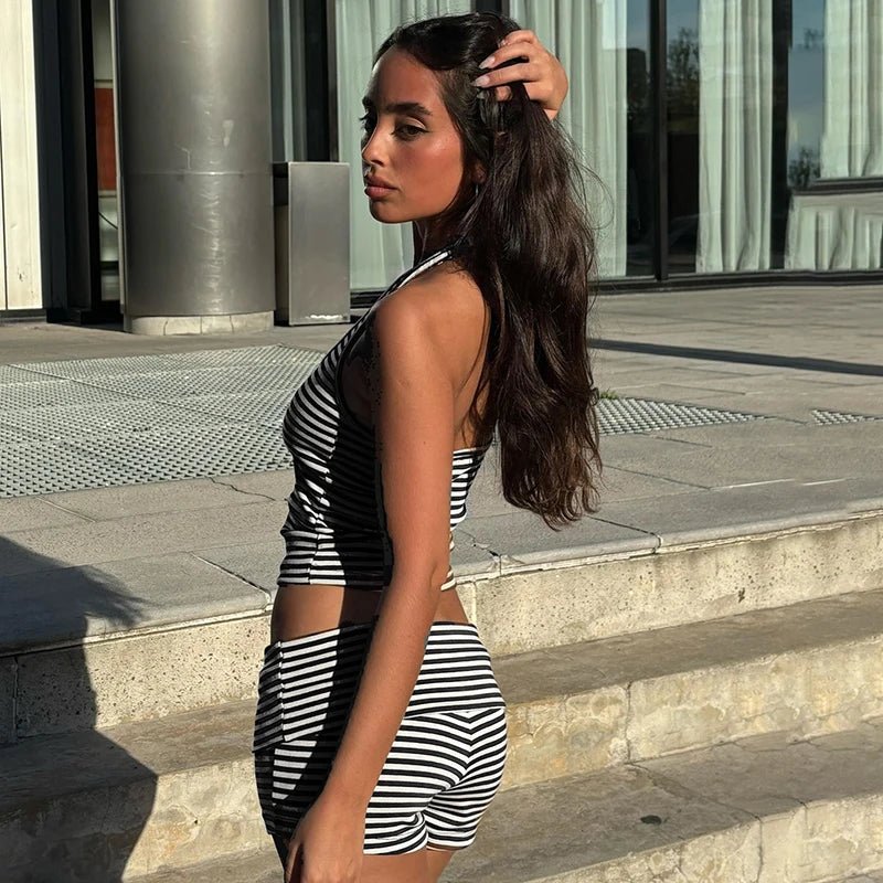Open Back Bow Collar Skinny Casual Sports Set for Women Summer Striped 2 - Piece Outfit Breathable Shorts Crop Top - Zeprah