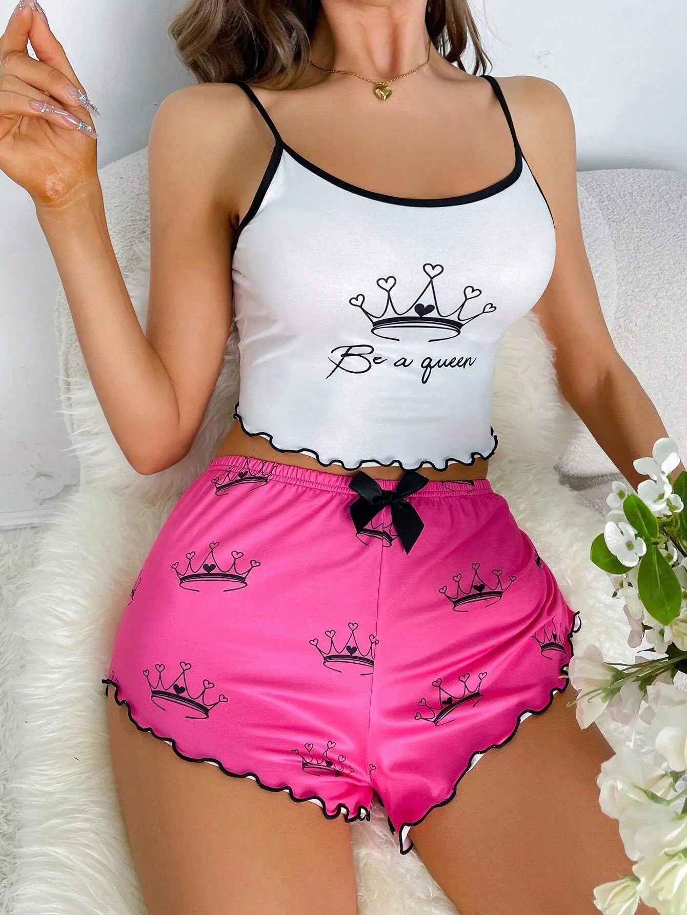 Outerwear Pajamas European American Sexy Positioning Printed Milk Silk Camisole Shorts Elastic Waist Summer Breathable Casual - Zeprah