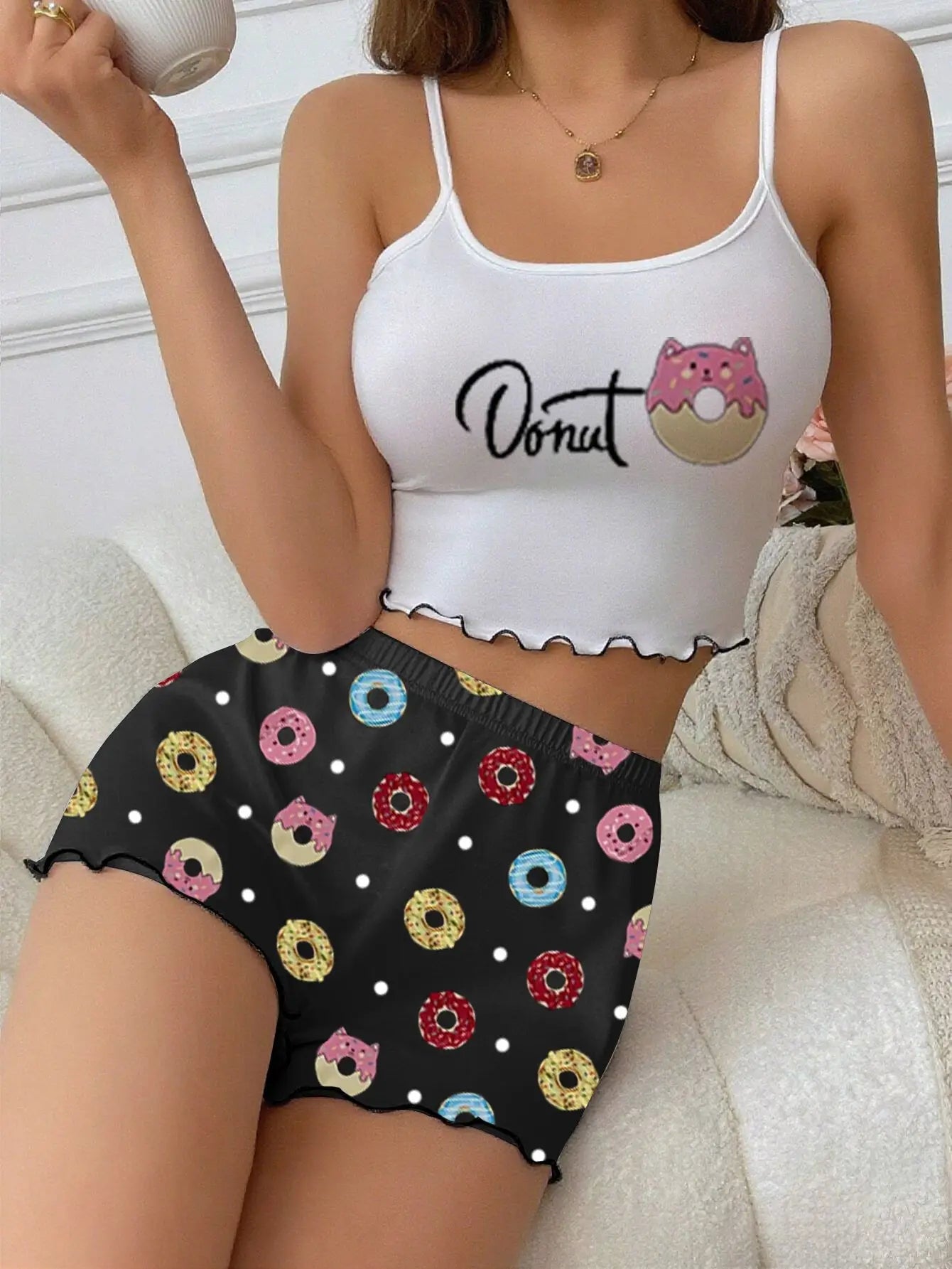 Outerwear Pajamas European American Sexy Positioning Printed Milk Silk Camisole Shorts Elastic Waist Summer Breathable Casual - Zeprah