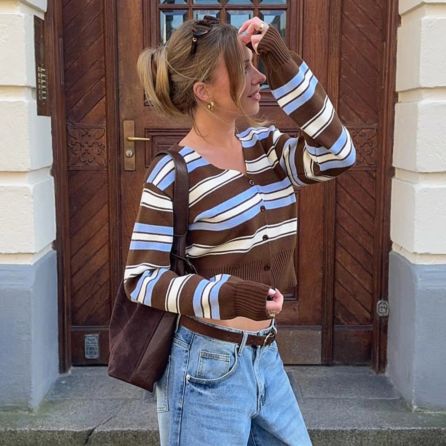 Oversized Vintage Striped Cardigan | Women's Sexy V - Neck Knit Top | Long Sleeve Casual Cover - Up - Zeprah