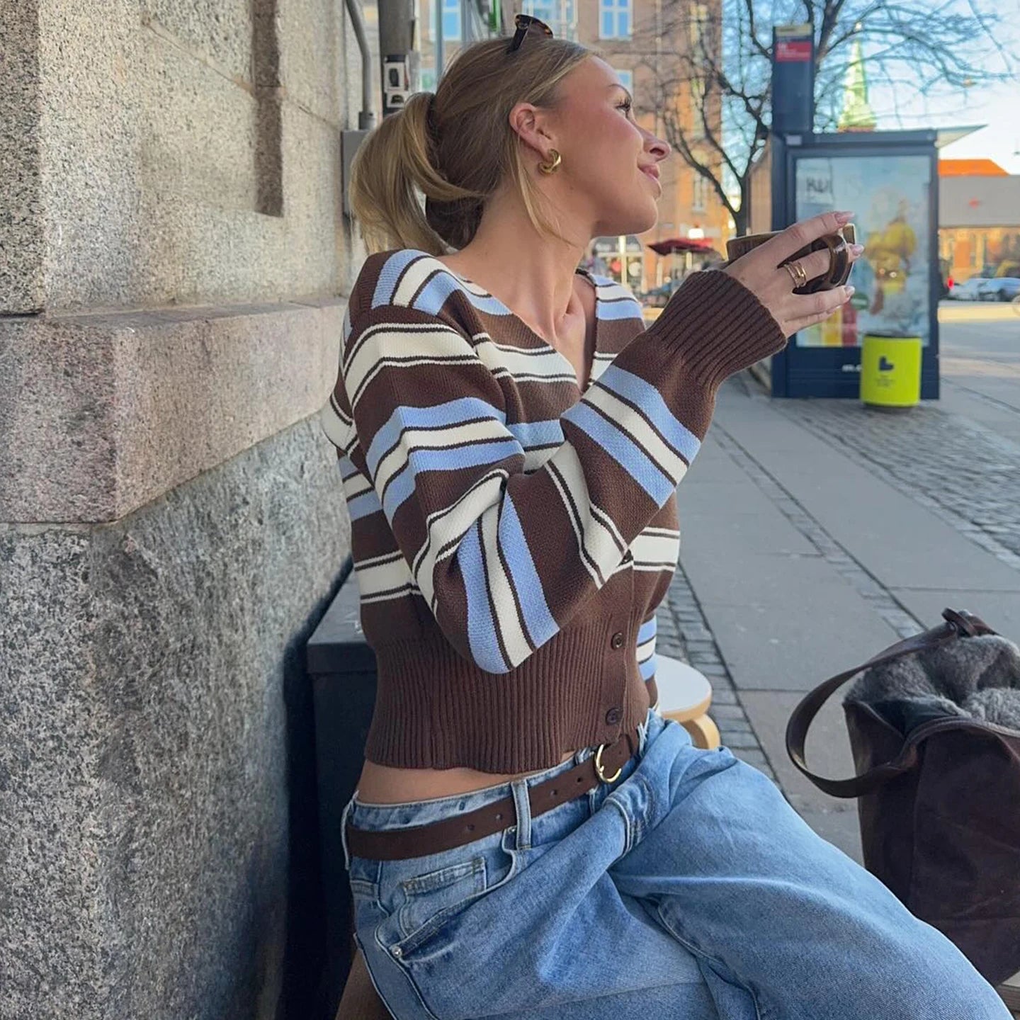 Oversized Vintage Striped Cardigan | Women's Sexy V - Neck Knit Top | Long Sleeve Casual Cover - Up - Zeprah