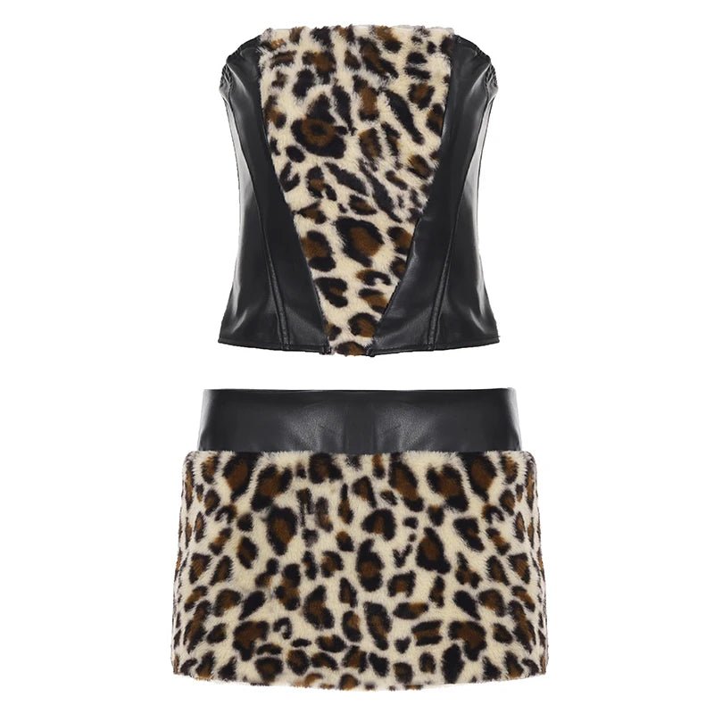 Party Clubwear Leopard Print Velvet Collarless Skinny Fit Top Fuzzy Trim Mini Skirt Breathable Eco - Friendly Women - Zeprah