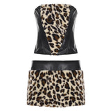 Party Clubwear Leopard Print Velvet Collarless Skinny Fit Top Fuzzy Trim Mini Skirt Breathable Eco - Friendly Women - Zeprah