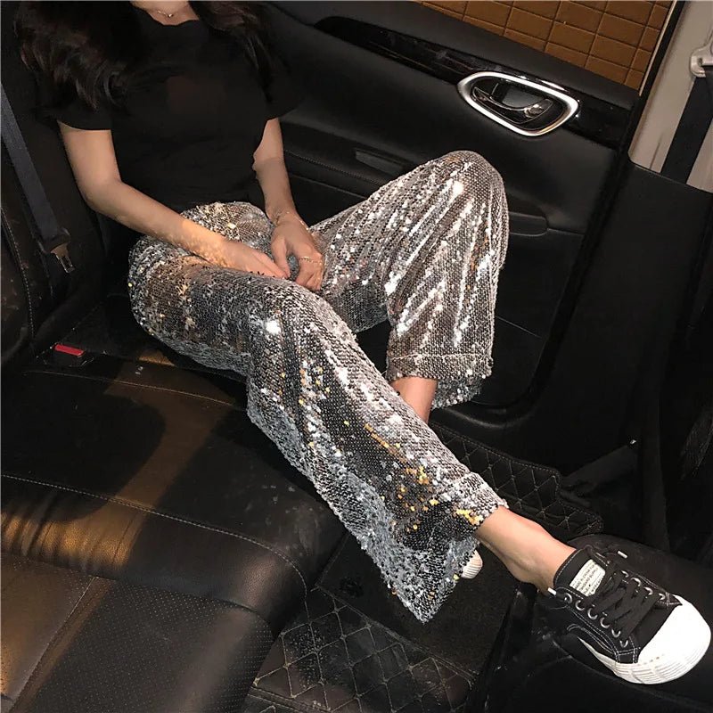 Party Elastic High Rise See Through Metallic Sequined Women Trousers Wide Leg Pants for Women - Zeprah