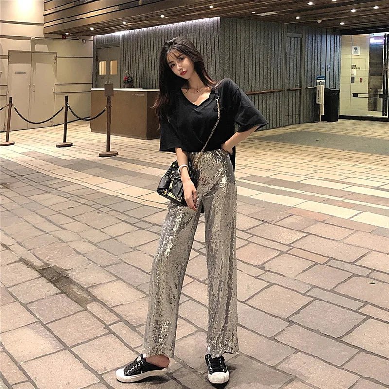 Party Elastic High Rise See Through Metallic Sequined Women Trousers Wide Leg Pants for Women - Zeprah