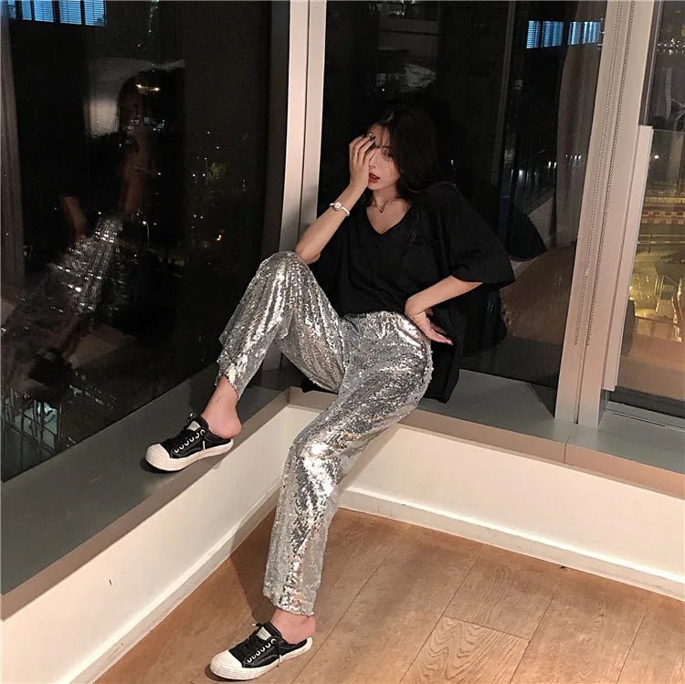 Party Elastic High Rise See Through Metallic Sequined Women Trousers Wide Leg Pants for Women - Zeprah