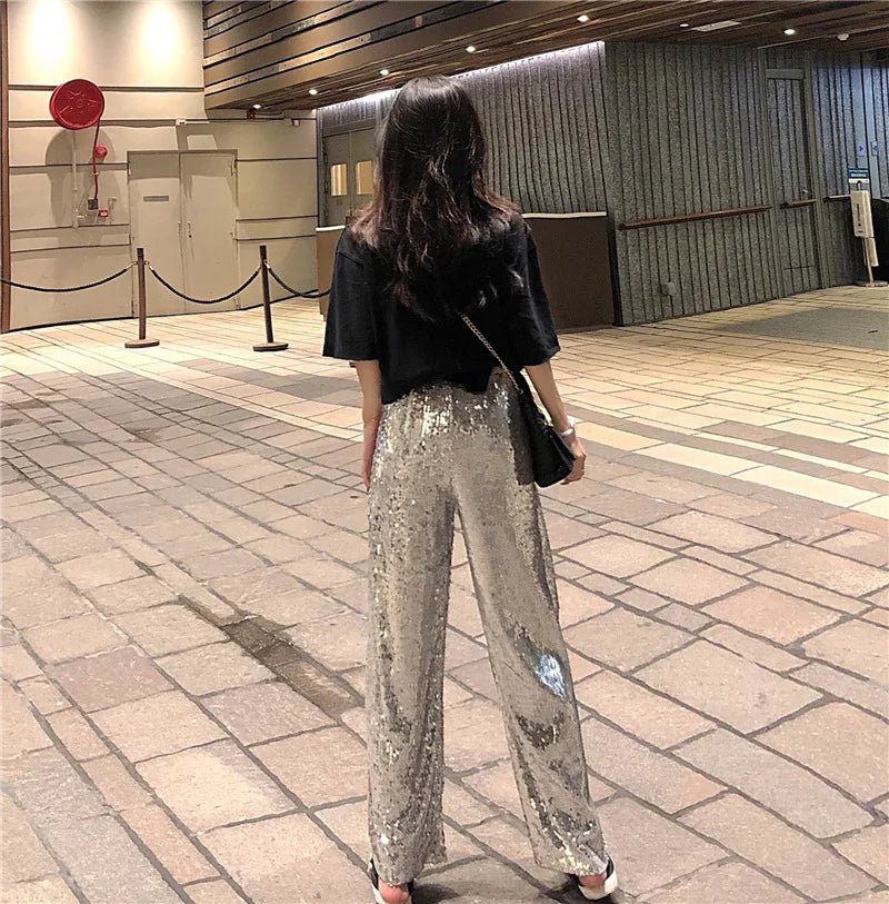 Party Elastic High Rise See Through Metallic Sequined Women Trousers Wide Leg Pants for Women - Zeprah