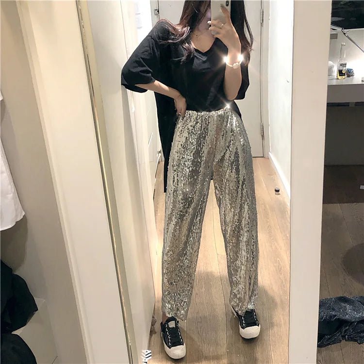 Party Elastic High Rise See Through Metallic Sequined Women Trousers Wide Leg Pants for Women - Zeprah