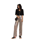 Party Elastic High Rise See Through Metallic Sequined Women Trousers Wide Leg Pants for Women - Zeprah