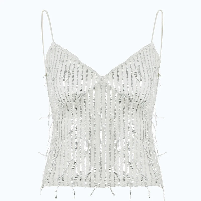 Partywear Knitted Sequin Tassel Fringe Camisole V - neck Sexy Spaghetti Strap Slim Fit Top - Zeprah