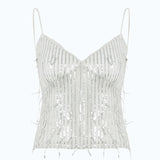 Partywear Knitted Sequin Tassel Fringe Camisole V - neck Sexy Spaghetti Strap Slim Fit Top - Zeprah