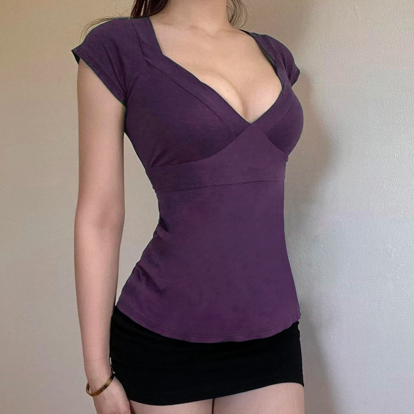 Patchwork Bandage Short Sleeve T-Shirt Solid Color V - Neck Knit Tie Detail Sexy Figure - Flattering Breathable Anti - Uv - Zeprah