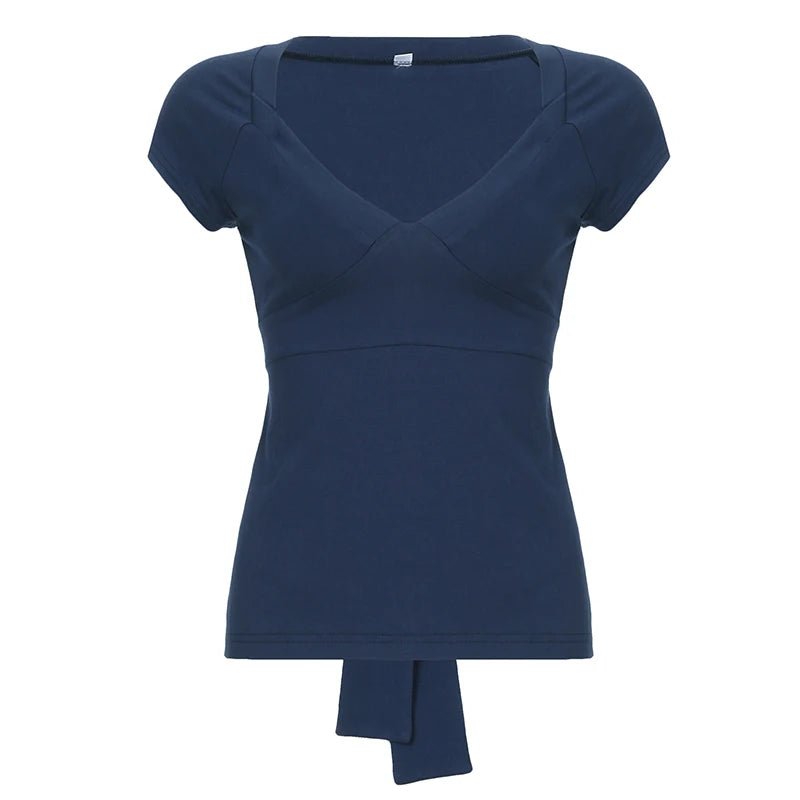 Patchwork Bandage Short Sleeve T-Shirt Solid Color V - Neck Knit Tie Detail Sexy Figure - Flattering Breathable Anti - Uv - Zeprah