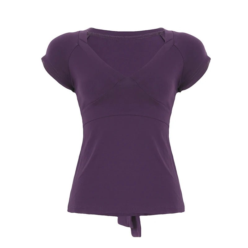 Patchwork Bandage Short Sleeve T-Shirt Solid Color V - Neck Knit Tie Detail Sexy Figure - Flattering Breathable Anti - Uv - Zeprah