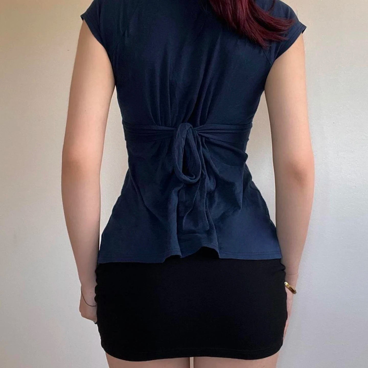 Patchwork Bandage Short Sleeve T-Shirt Solid Color V - Neck Knit Tie Detail Sexy Figure - Flattering Breathable Anti - Uv - Zeprah