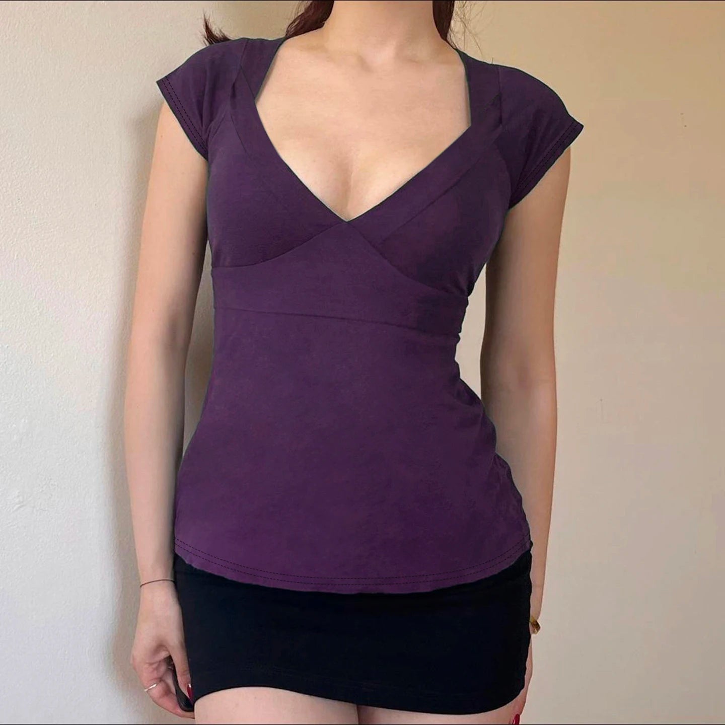 Patchwork Bandage Short Sleeve T-Shirt Solid Color V - Neck Knit Tie Detail Sexy Figure - Flattering Breathable Anti - Uv - Zeprah