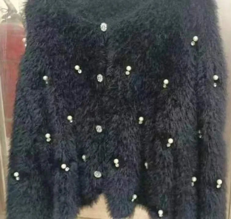 Pearl Beaded Furry Warm Knitted Cardigans Casual Sweater O - neck Cardigan Coat for Women - Zeprah