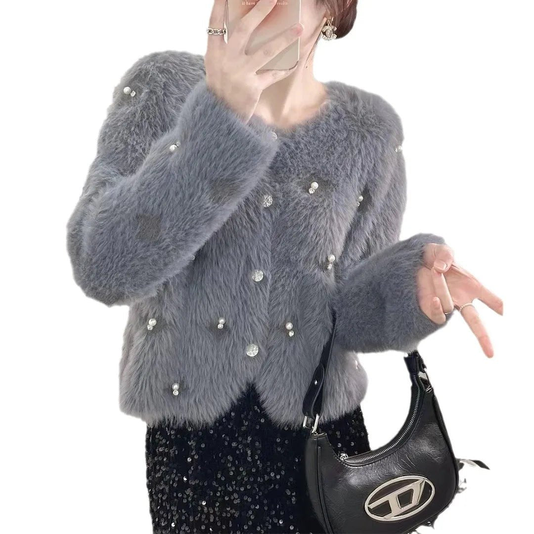 Pearl Beaded Furry Warm Knitted Cardigans Casual Sweater O - neck Cardigan Coat for Women - Zeprah