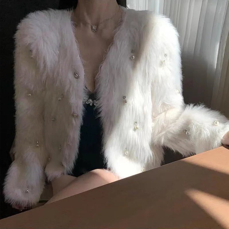 Pearl Beaded Furry Warm Knitted Cardigans Casual Sweater O - neck Cardigan Coat for Women - Zeprah