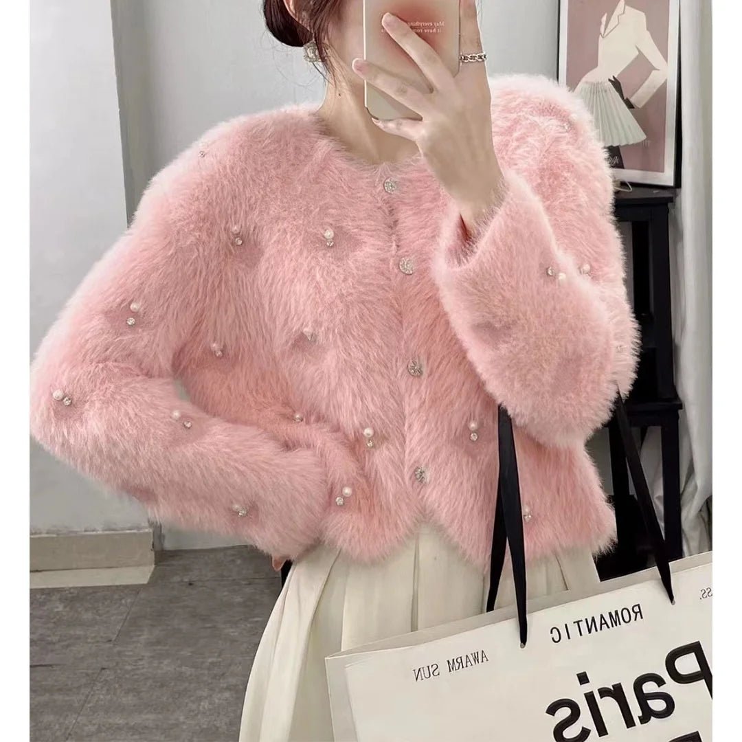 Pearl Beaded Furry Warm Knitted Cardigans Casual Sweater O - neck Cardigan Coat for Women - Zeprah