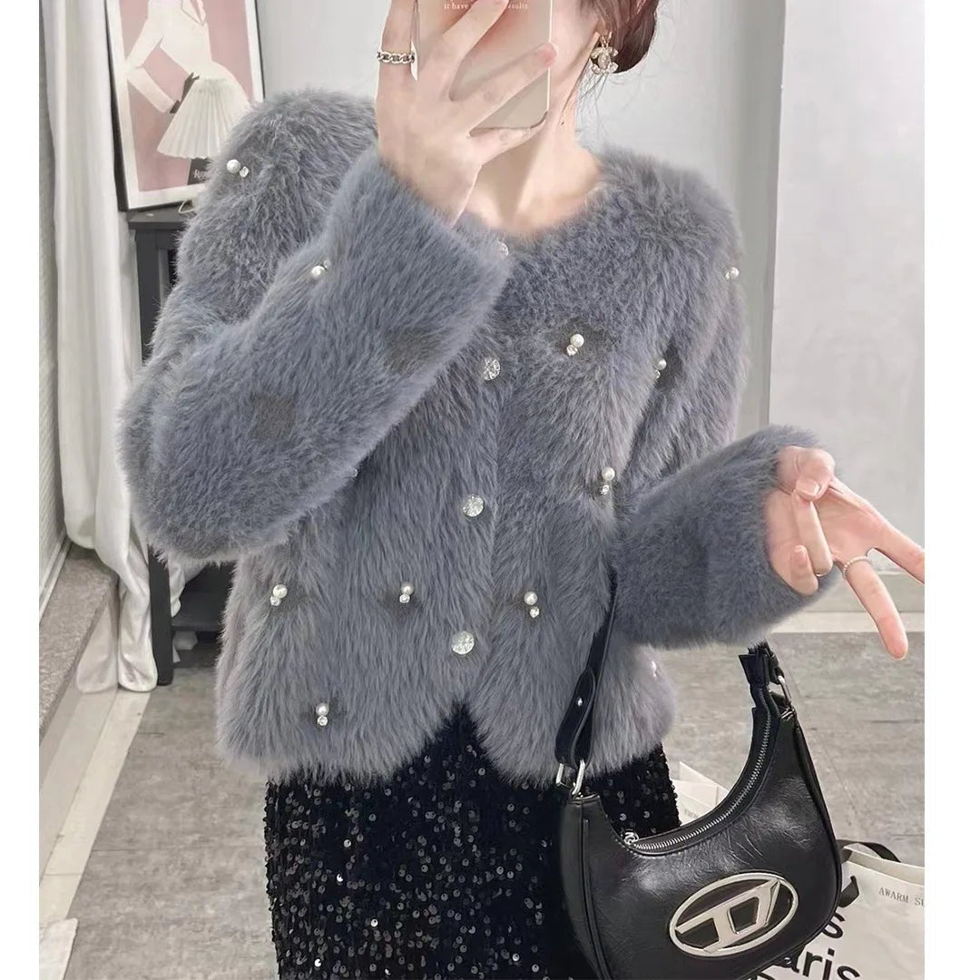 Pearl Beaded Furry Warm Knitted Cardigans Casual Sweater O - neck Cardigan Coat for Women - Zeprah