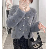 Pearl Beaded Furry Warm Knitted Cardigans Casual Sweater O - neck Cardigan Coat for Women - Zeprah