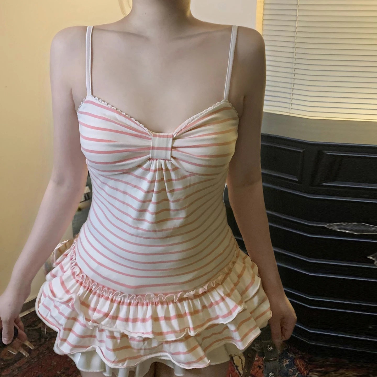 Pink Cute Striped Knitted Longline Sweet Camisole Bust Pleated Tank Top Ruffle Hem Loose Fit Sleeveless Blouse - Zeprah