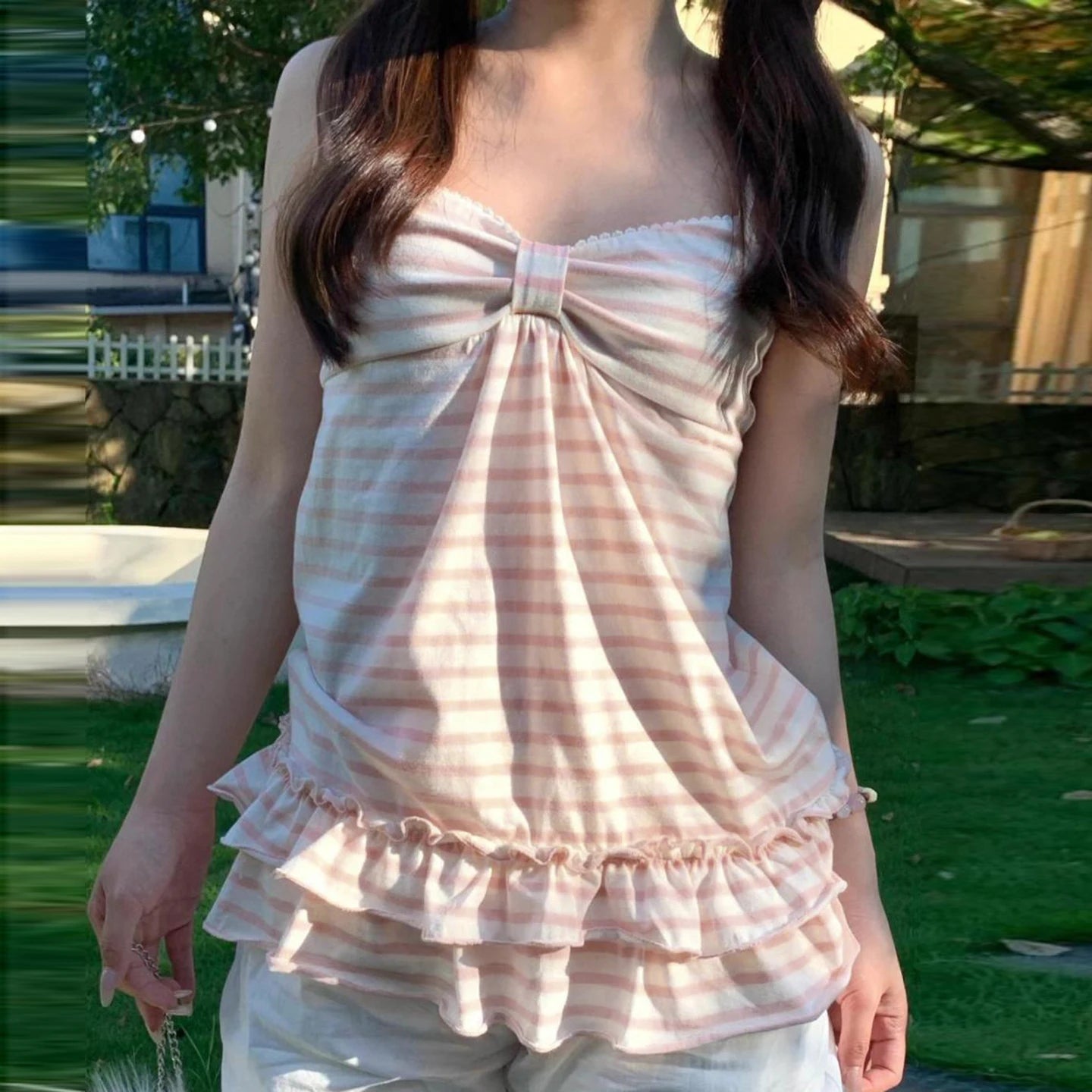 Pink Cute Striped Knitted Longline Sweet Camisole Bust Pleated Tank Top Ruffle Hem Loose Fit Sleeveless Blouse - Zeprah