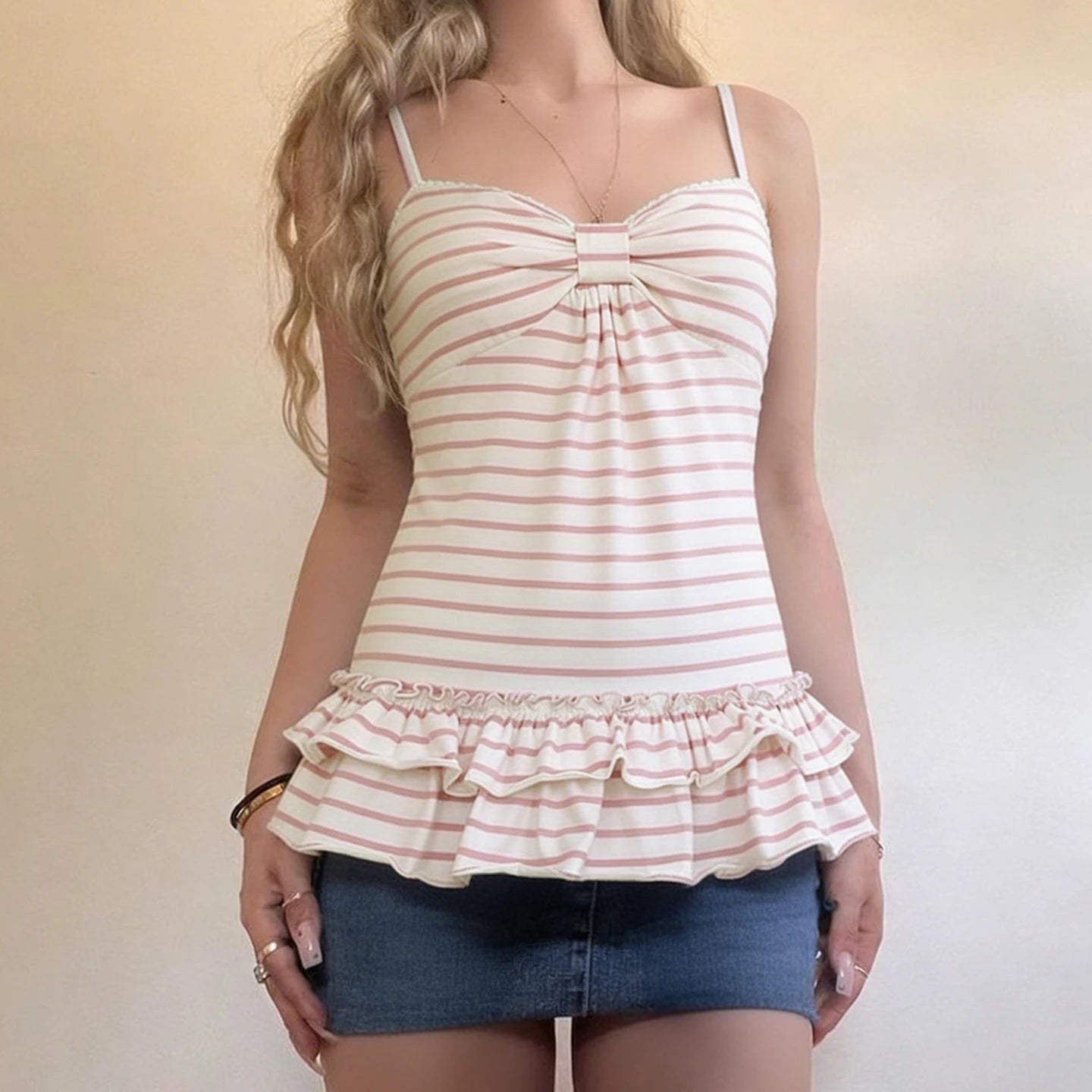 Pink Cute Striped Knitted Longline Sweet Camisole Bust Pleated Tank Top Ruffle Hem Loose Fit Sleeveless Blouse - Zeprah