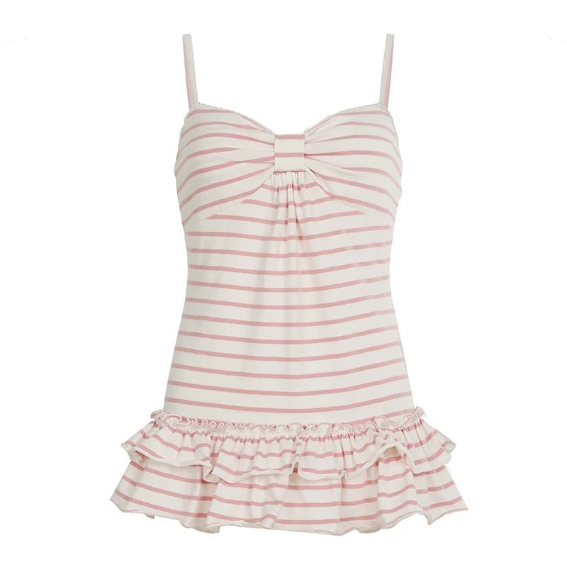 Pink Cute Striped Knitted Longline Sweet Camisole Bust Pleated Tank Top Ruffle Hem Loose Fit Sleeveless Blouse - Zeprah