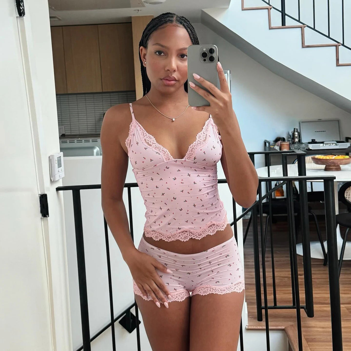 Pink Lace Floral Above Knee Pajama Set Sleeveless Camisole & Fitted Shorts Eco - Friendly Comfort Loungewear - Zeprah