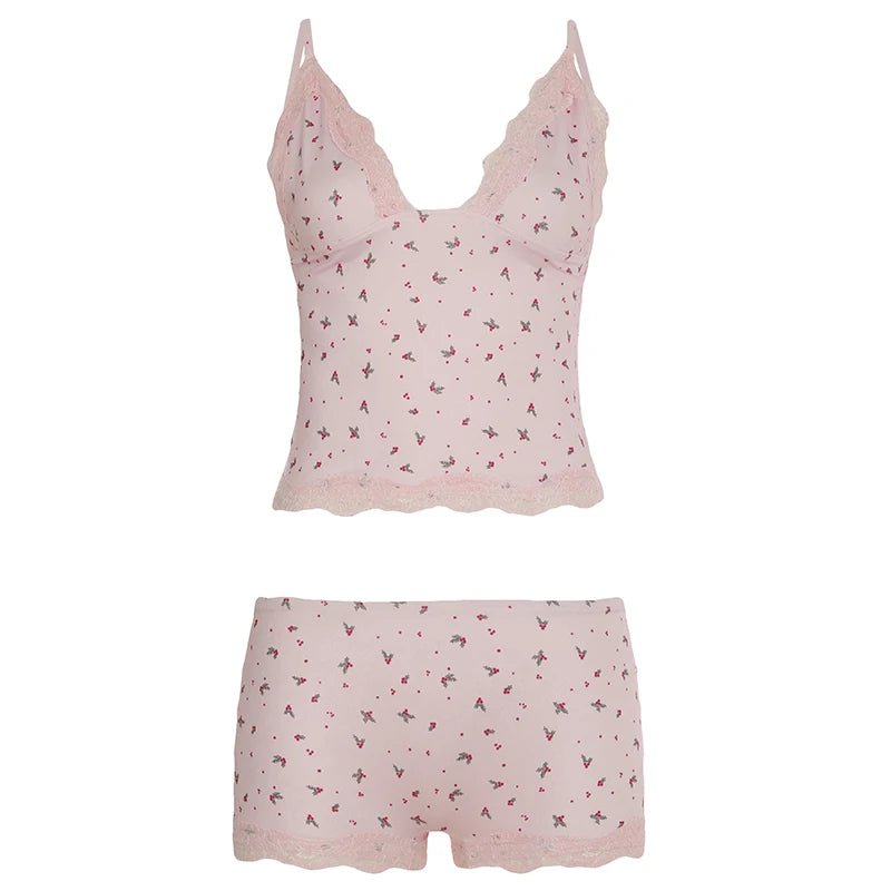 Pink Lace Floral Above Knee Pajama Set Sleeveless Camisole & Fitted Shorts Eco - Friendly Comfort Loungewear - Zeprah